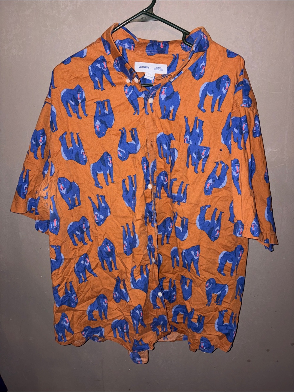 Old Navy Men's Orange Button-Down Shirt with Blue Animal Print